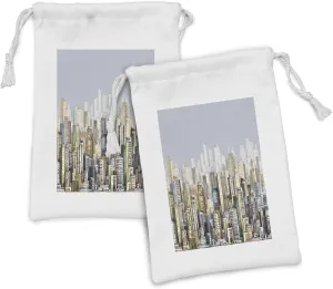 Ambesonne City Fabric Pouch Set of 2, Hand Drawn Modern Urban Life Illustration Apartment Buildings Skyscrapers Open Sky, Small Drawstring Bag for Toiletries Masks and Favors, 9" x 6", Multicolor