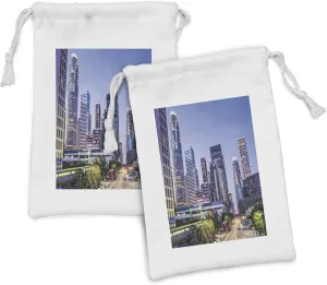 Ambesonne City Fabric Pouch Set of 2, Los Angles California Skyline Urban USA Cityscape Skyscrapers Highway Avenue Trees, Small Drawstring Bag for Toiletries Masks and Favors, 9" x 6", Multicolor