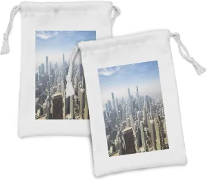Ambesonne Cityscape Fabric Pouch Set of 2, Aerial View of Chicago USA Tall Buildings Contemporary Architecture Skyscrapers, Small Drawstring Bag for Toiletries Masks and Favors, 9" x 6", Multicolor