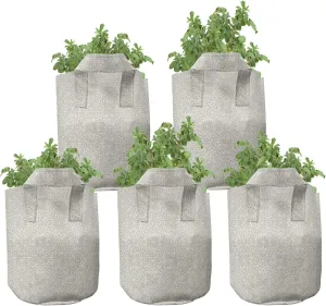 Ambesonne Damask Grey Grow Bags 5-Pack, Flourish Leafy Pattern, Heavyduty Fabric Pots with Handles for Plants, Grey Yellow and White