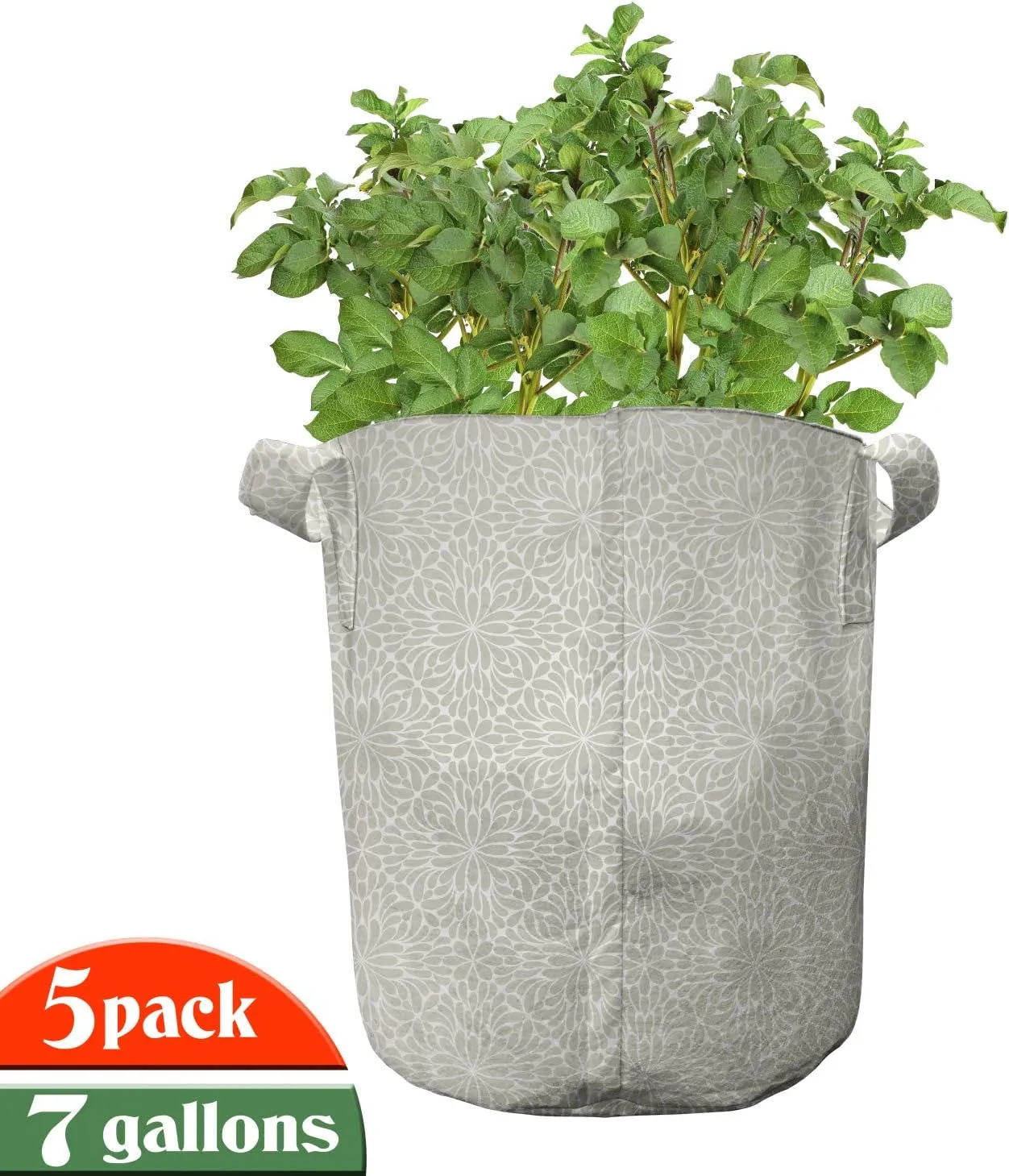 Ambesonne Damask Grey Grow Bags 5-Pack, Flourish Leafy Pattern, Heavyduty Fabric Pots with Handles for Plants, Grey Yellow and White