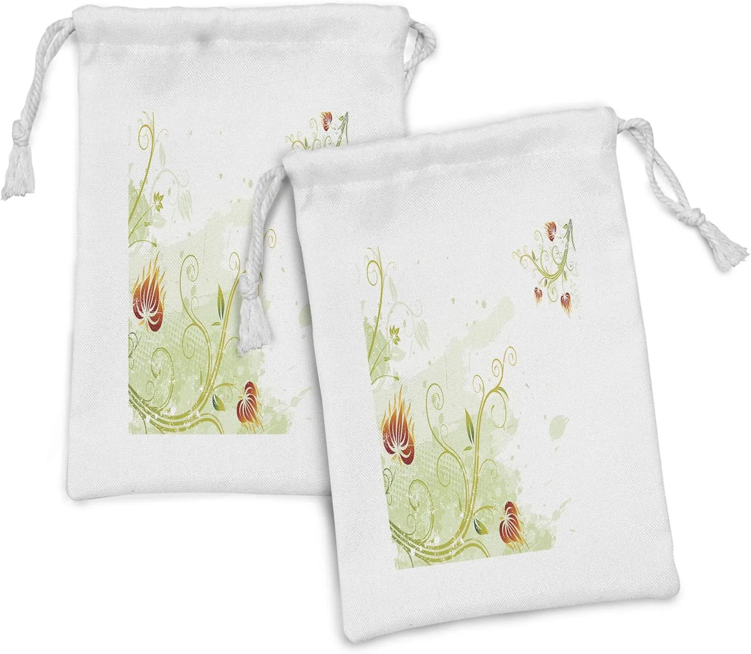 Ambesonne Floral Fabric Pouch Set of 2, Swirled Petals Lines on Grunge Background Retro Scroll Botany, Small Drawstring Bag for Toiletries Masks and Favors, 9" x 6", Green Green