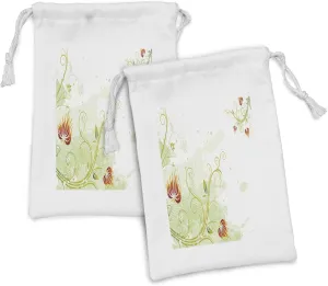 Ambesonne Floral Fabric Pouch Set of 2, Swirled Petals Lines on Grunge Background Retro Scroll Botany, Small Drawstring Bag for Toiletries Masks and Favors, 9" x 6", Green Green