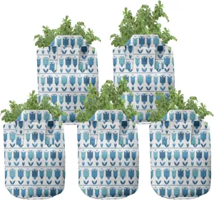 Ambesonne Floral Grow Bags 5-Pack, Holland Tulip Folk Style, Heavyduty Fabric Pots with Handles for Plants, Sea Blue Multicolor