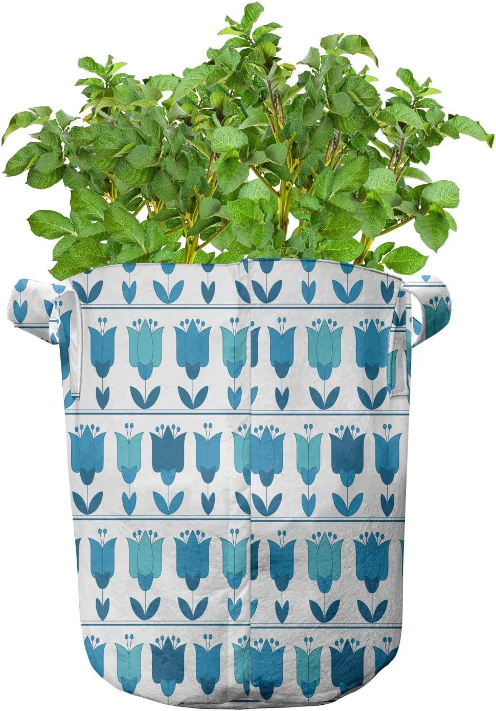 Ambesonne Floral Grow Bags 5-Pack, Holland Tulip Folk Style, Heavyduty Fabric Pots with Handles for Plants, Sea Blue Multicolor