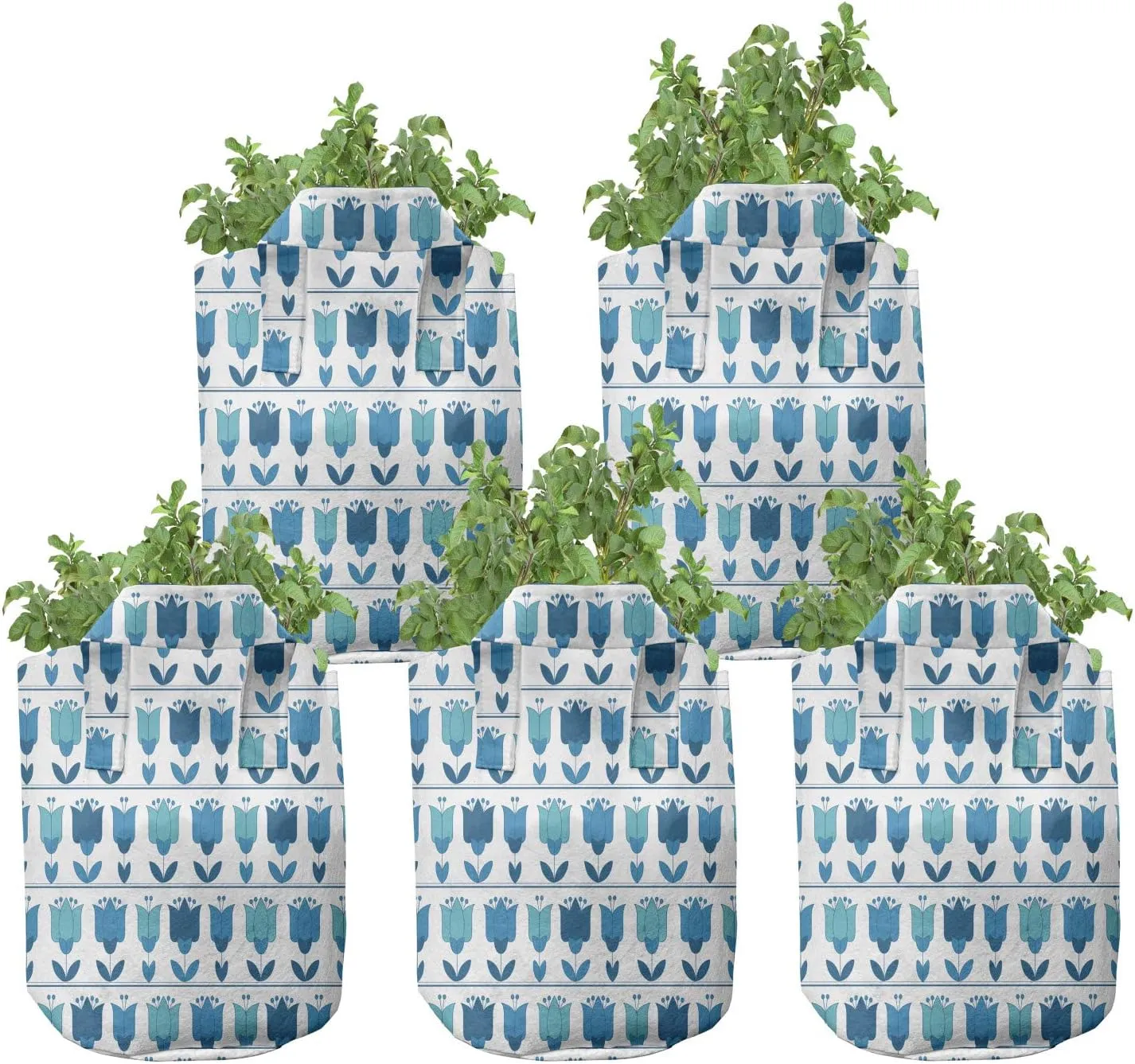Ambesonne Floral Grow Bags 5-Pack, Holland Tulip Folk Style, Heavyduty Fabric Pots with Handles for Plants, Sea Blue Multicolor