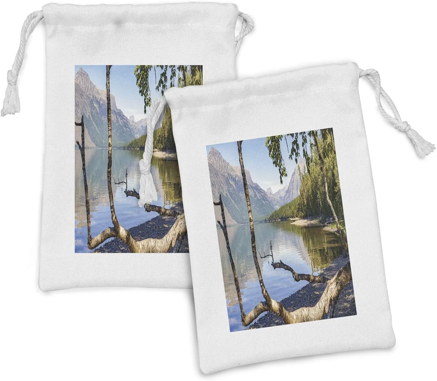 Ambesonne Glacier National Park Fabric Pouch Set of 2, View of Lake McDonald in Montana Mother Nature Awakening Setting, Small Drawstring Bag for Toiletries Masks and Favors, 9" x 6", Multicolor