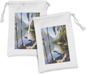Ambesonne Glacier National Park Fabric Pouch Set of 2, View of Lake McDonald in Montana Mother Nature Awakening Setting, Small Drawstring Bag for Toiletries Masks and Favors, 9" x 6", Multicolor