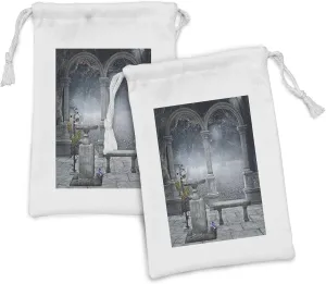 Ambesonne Gothic Fabric Pouch Set of 2, Fictional Middle Age Mythical Stone Bench Balcony Building with Hummingbird Graphic Print, Small Drawstring Bag for Toiletries Masks and Favors, 9" x 6", Grey