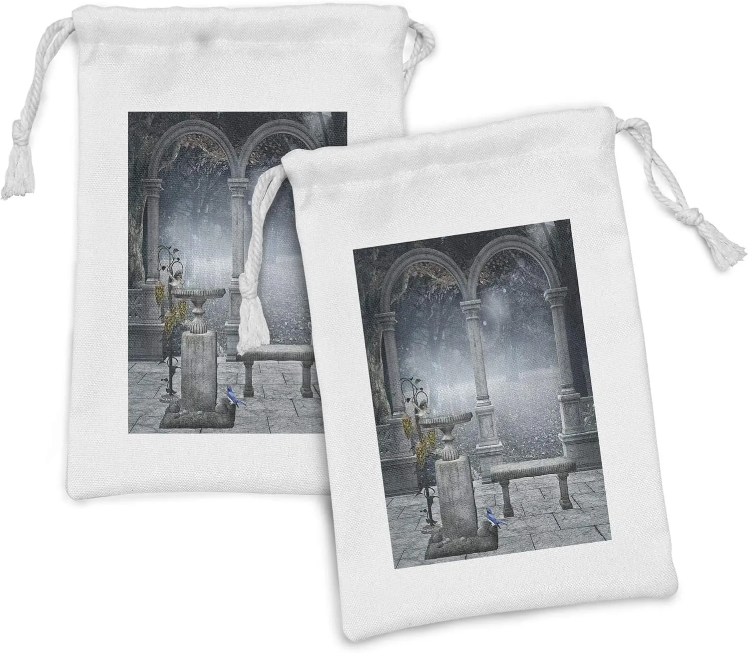 Ambesonne Gothic Fabric Pouch Set of 2, Fictional Middle Age Mythical Stone Bench Balcony Building with Hummingbird Graphic Print, Small Drawstring Bag for Toiletries Masks and Favors, 9" x 6", Grey