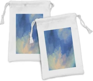 Ambesonne Oil Painting Fabric Pouch Set of 2, Dramatic Sky Clouds Pastel Sunrise Happiness Weather Grunge Tones, Small Drawstring Bag for Toiletries Masks and Favors, 9" x 6", Violet Blue Pale Blue