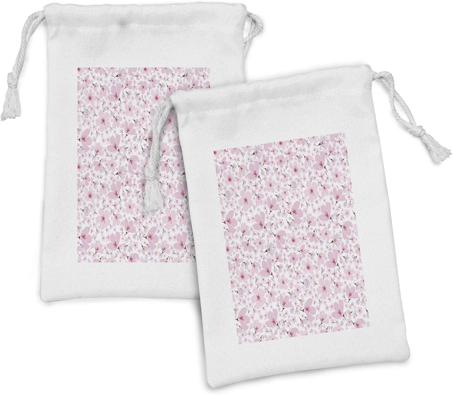 Ambesonne Pink and White Fabric Pouch Set of 2, Symbolic Japanese Flowering Cherry Blossom in Random Arrangement, Small Drawstring Bag for Toiletries Masks and Favors, 9" x 6", Rose Burgundy Hot Pink