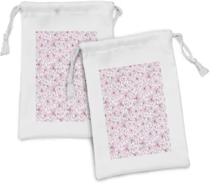 Ambesonne Pink and White Fabric Pouch Set of 2, Symbolic Japanese Flowering Cherry Blossom in Random Arrangement, Small Drawstring Bag for Toiletries Masks and Favors, 9" x 6", Rose Burgundy Hot Pink