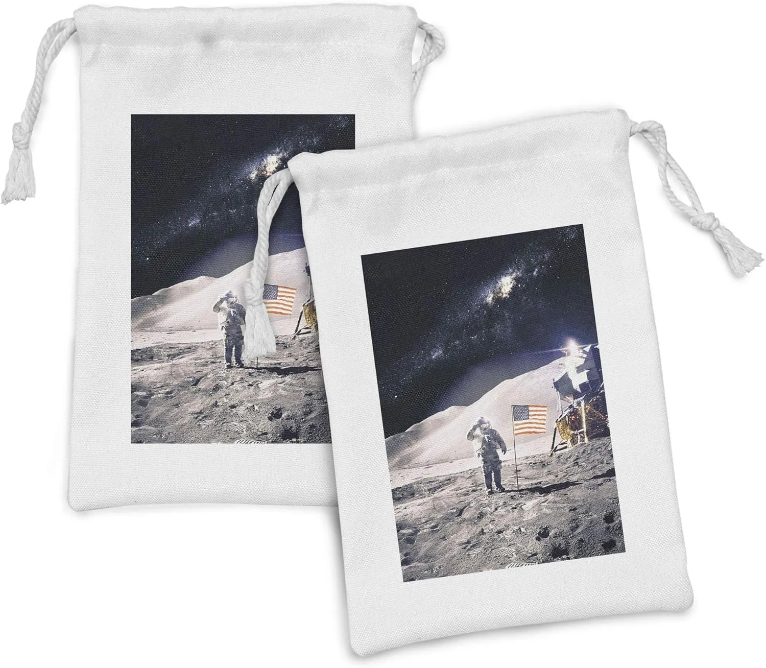 Ambesonne Space Fabric Pouch Set of 2, Astronaut on Moon with American Flag Invasion Rocket Cosmonaut Mission Photo Print, Small Drawstring Bag for Toiletries Masks and Favors, 9" x 6", Taupe Blue