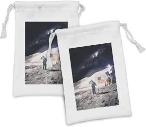 Ambesonne Space Fabric Pouch Set of 2, Astronaut on Moon with American Flag Invasion Rocket Cosmonaut Mission Photo Print, Small Drawstring Bag for Toiletries Masks and Favors, 9" x 6", Taupe Blue