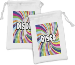 Ambesonne Vintage Rainbow Fabric Pouch Set of 2, Eighties Style Disco Advertisement with Swirled Spiral Colorful Stripes, Small Drawstring Bag for Toiletries Masks and Favors, 9" x 6", Multicolor