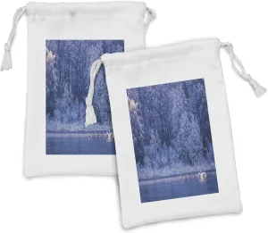 Ambesonne Winter Fabric Pouch Set of 2, Swans Swimming Lake Dusk Forest Dramatic Idyllic Nature Icy Snowy Weather Rural Scene, Small Drawstring Bag for Toiletries Masks and Favors, 9" x 6", Blue