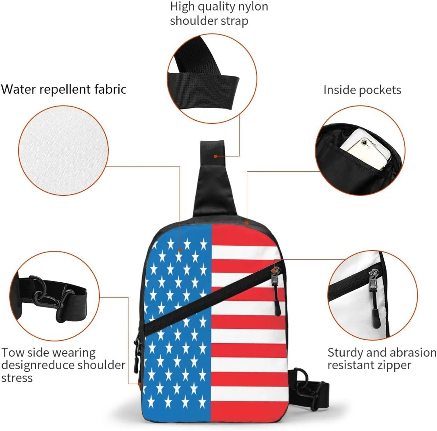 American Flags Blue Red Portable Sling Bags Packable Crossbody Bag Foldable Sport Daypack Reusable Shoulder Backpack Diagonally Chest Bag for Workout Travel