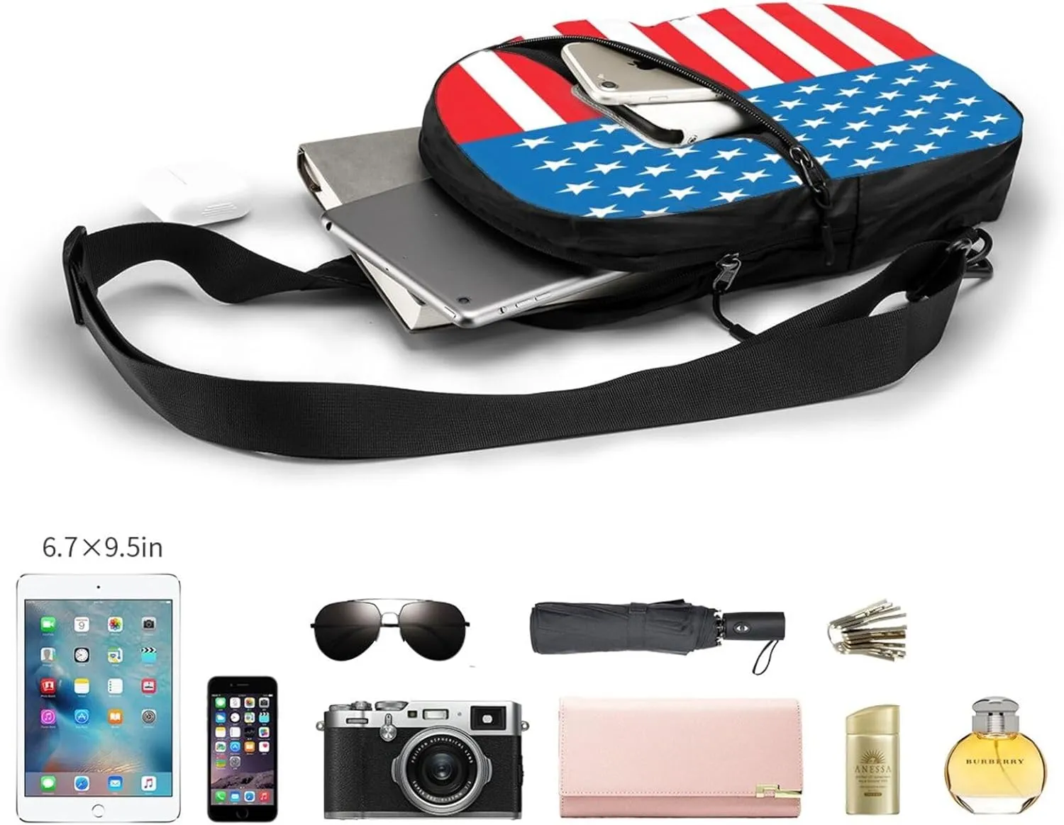 American Flags Blue Red Portable Sling Bags Packable Crossbody Bag Foldable Sport Daypack Reusable Shoulder Backpack Diagonally Chest Bag for Workout Travel