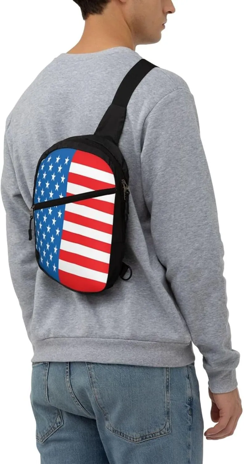 American Flags Blue Red Portable Sling Bags Packable Crossbody Bag Foldable Sport Daypack Reusable Shoulder Backpack Diagonally Chest Bag for Workout Travel