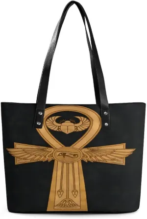 Ancient Egypt Hieroglyph Ankh Symbol Women Tote Bags Top Handle Satchel Handbags Faux Leather Tassel Shoulder Purse