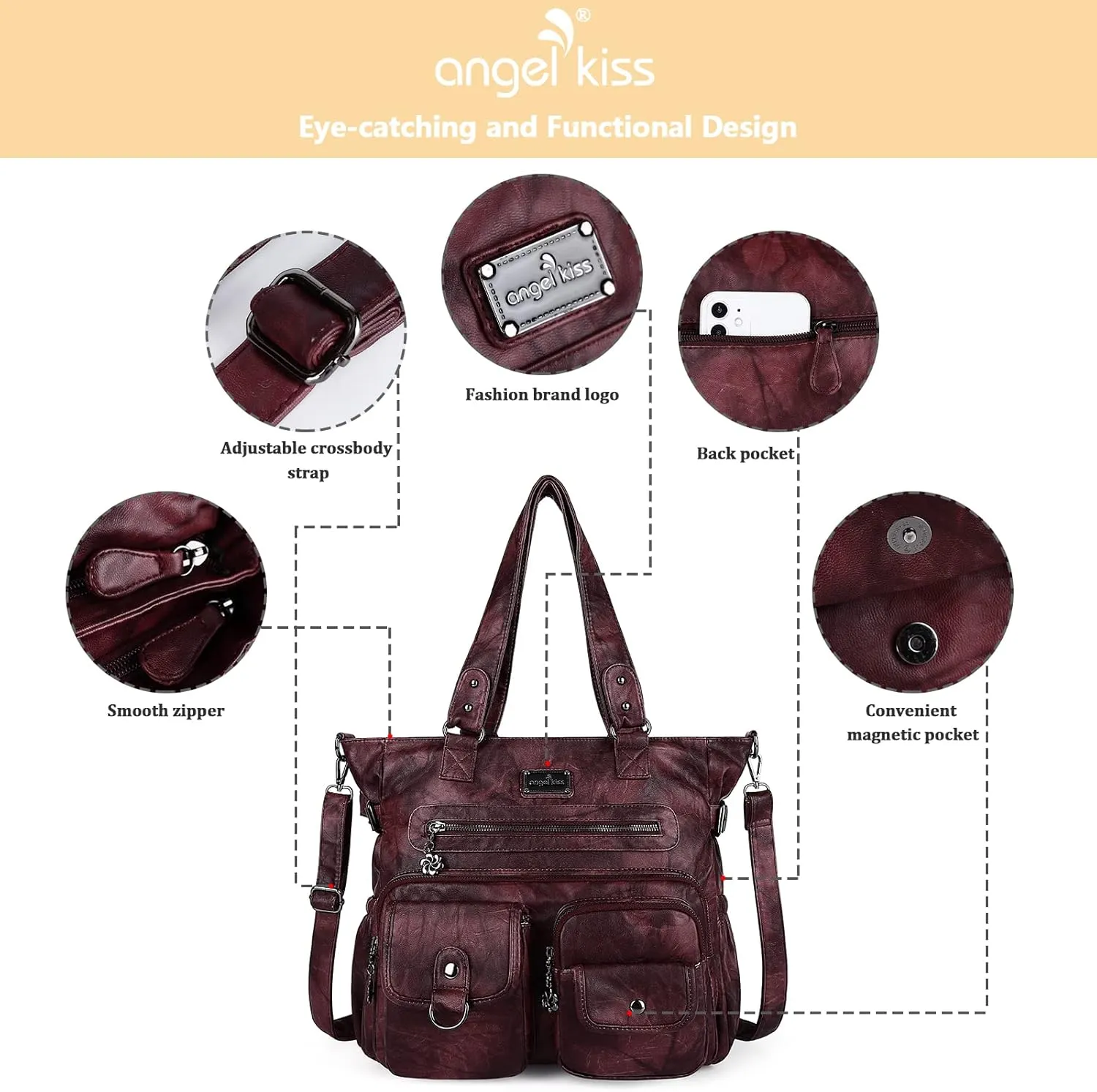 Angelkiss Purses Handbags for Women PU Tote Satchel Bags for Women Pockets Shoulder Bags…