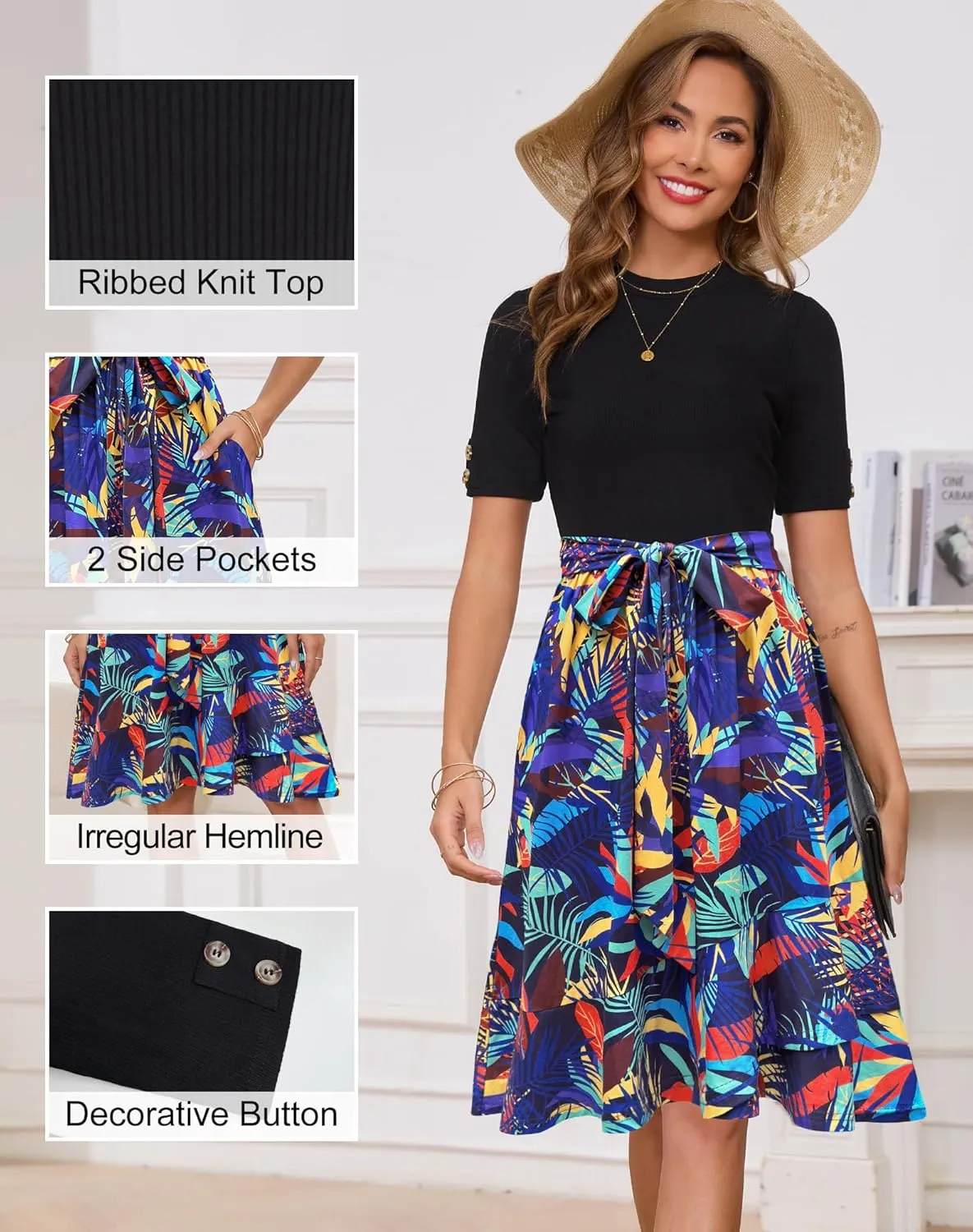 Annebouti Womens 2025 Short Sleeve Spring Summer Ribbed Modest Semi-Formal Teacher Casual Work Midi Dress with Pockets