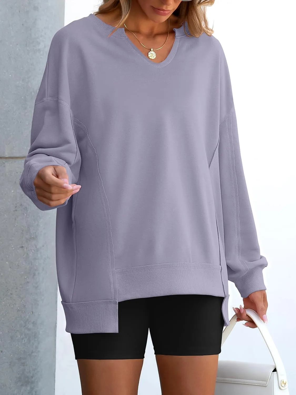 ANRABESS Womens Oversized Sweatshirts V Neck Long Sleeve Tunic Lightweight Pullover Shirts 2025 Fall Tops Teen Girls Outfits