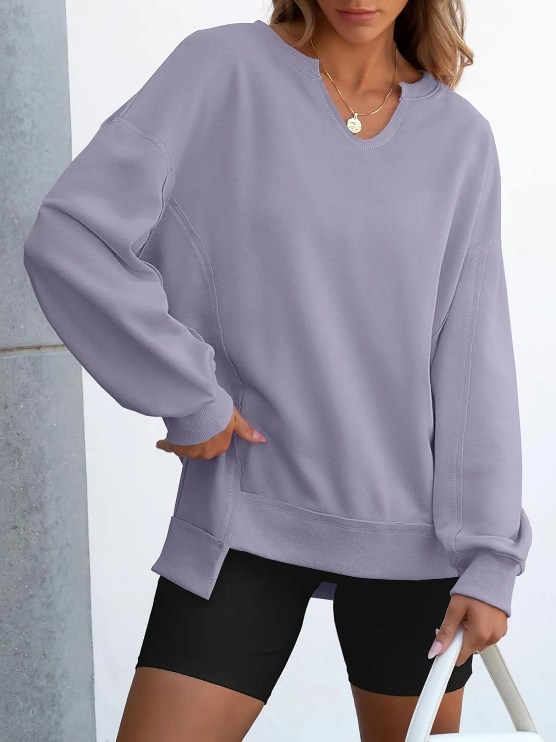 ANRABESS Womens Oversized Sweatshirts V Neck Long Sleeve Tunic Lightweight Pullover Shirts 2025 Fall Tops Teen Girls Outfits