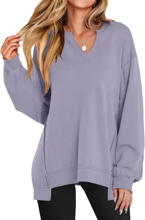 ANRABESS Womens Oversized Sweatshirts V Neck Long Sleeve Tunic Lightweight Pullover Shirts 2025 Fall Tops Teen Girls Outfits