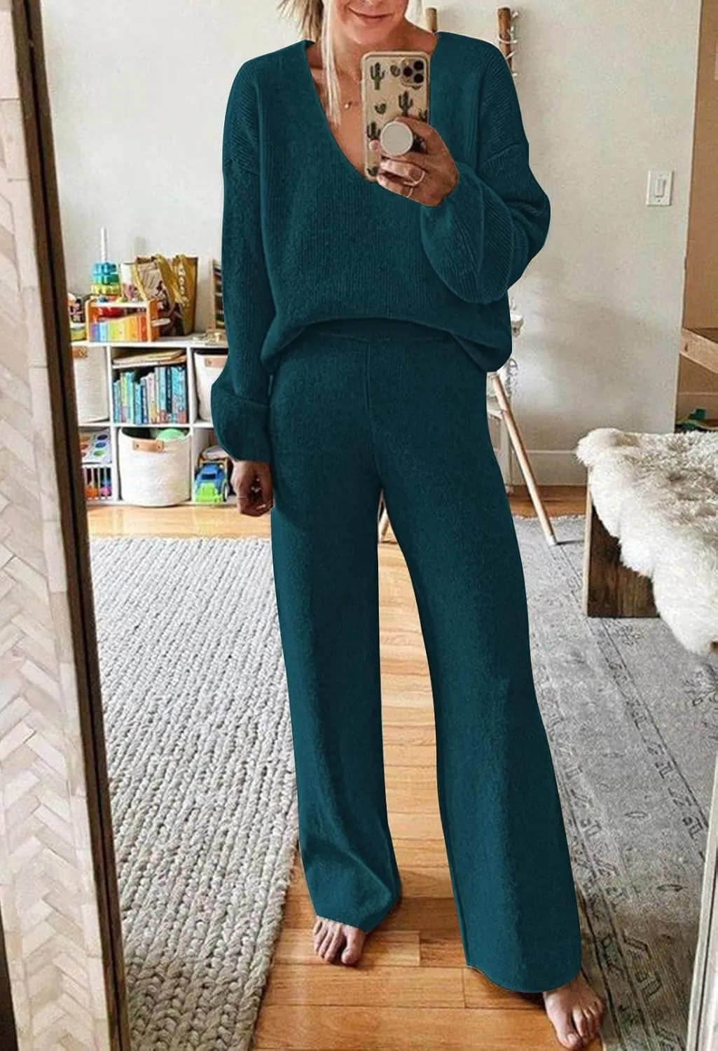 AOHITE Womens 2 Piece Outfits Casual V-neck Knit Pullover Sweater Wide Leg Pants Sleepwear Loungewear Set