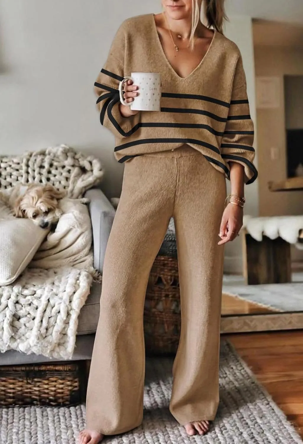 AOHITE Womens 2 Piece Outfits Casual V-neck Knit Pullover Sweater Wide Leg Pants Sleepwear Loungewear Set