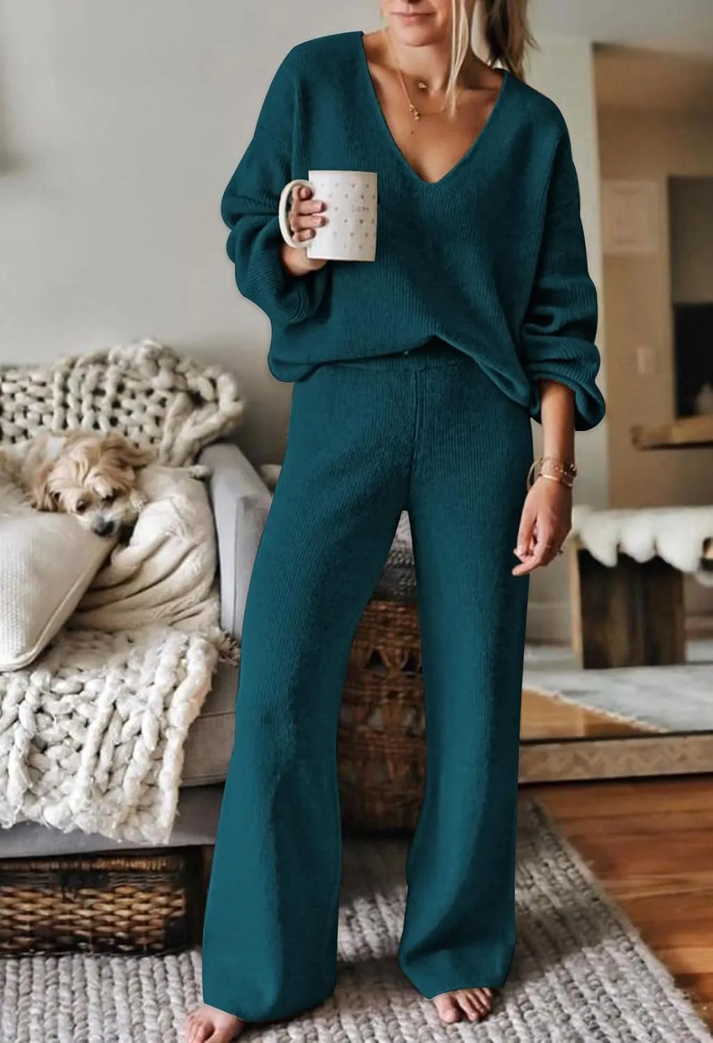 AOHITE Womens 2 Piece Outfits Casual V-neck Knit Pullover Sweater Wide Leg Pants Sleepwear Loungewear Set