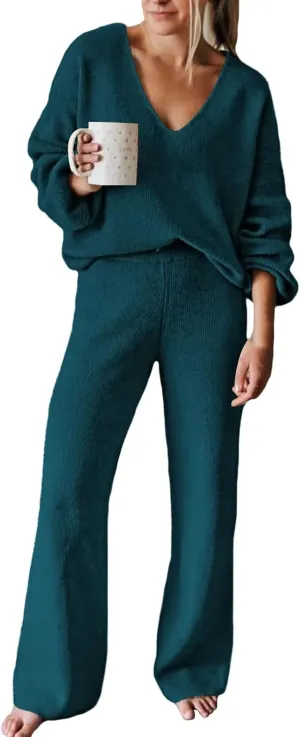 AOHITE Womens 2 Piece Outfits Casual V-neck Knit Pullover Sweater Wide Leg Pants Sleepwear Loungewear Set