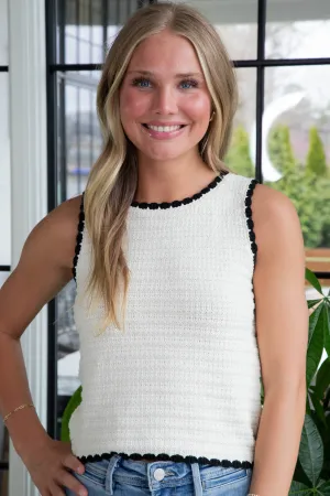 Aria Contrast Stitch Crocheted Sweater, Ivory