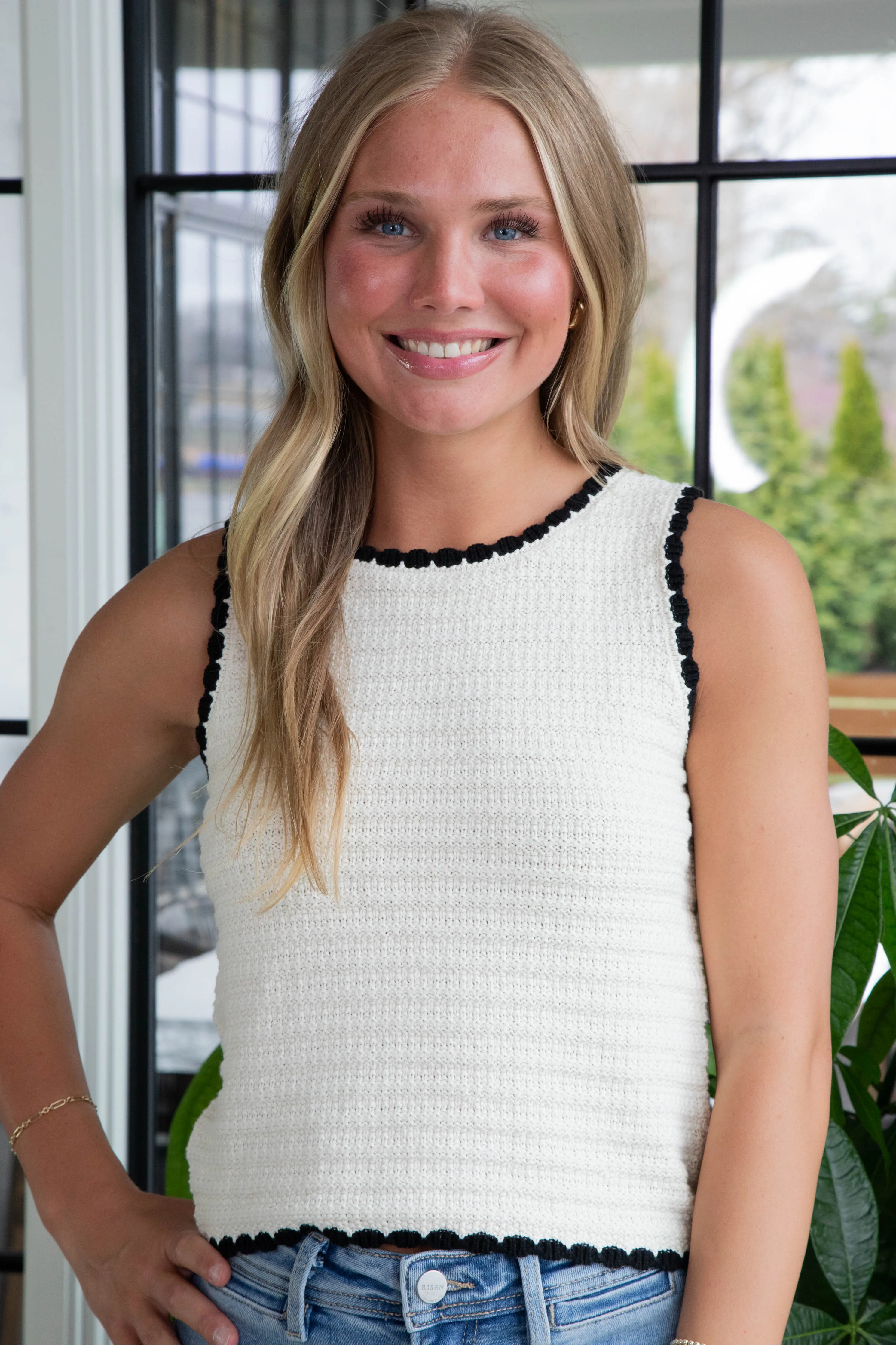 Aria Contrast Stitch Crocheted Sweater, Ivory