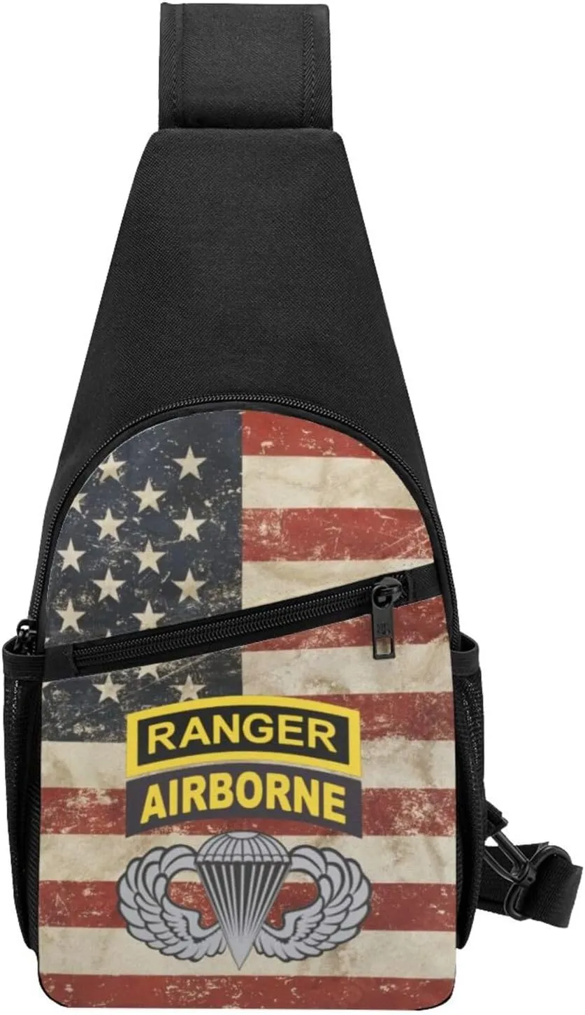 Army Ranger Tab Airborne and Wings Sling Bag Crossbody Backpack Shoulder Casual Daypack Bags for Men