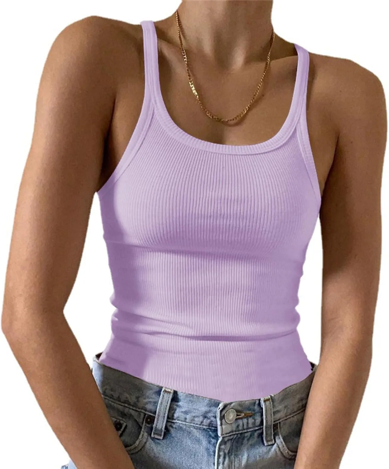 Artfish Women's Sleeveless Tank Top Form Fitting Scoop Neck Ribbed Knit Basic Cami Shirts