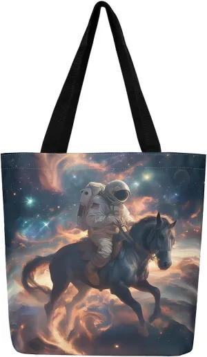 Astronaut Canvas Tote Bag,Fantasy Clouds Tote Bag,Outer Space Themed Shopping Grocery Bags