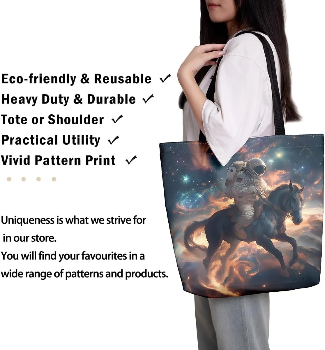 Astronaut Canvas Tote Bag,Fantasy Clouds Tote Bag,Outer Space Themed Shopping Grocery Bags