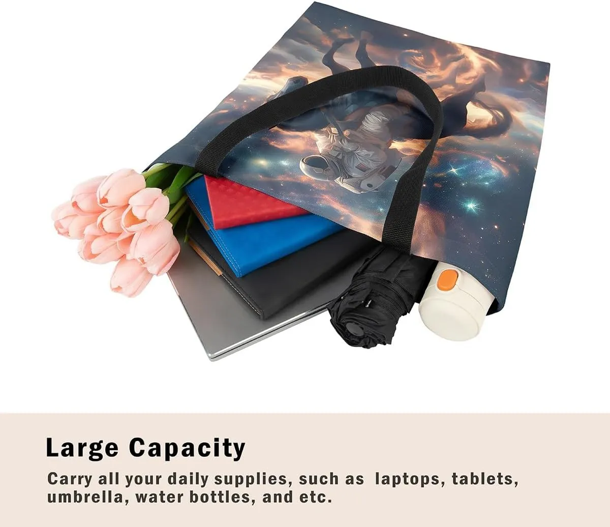 Astronaut Canvas Tote Bag,Fantasy Clouds Tote Bag,Outer Space Themed Shopping Grocery Bags