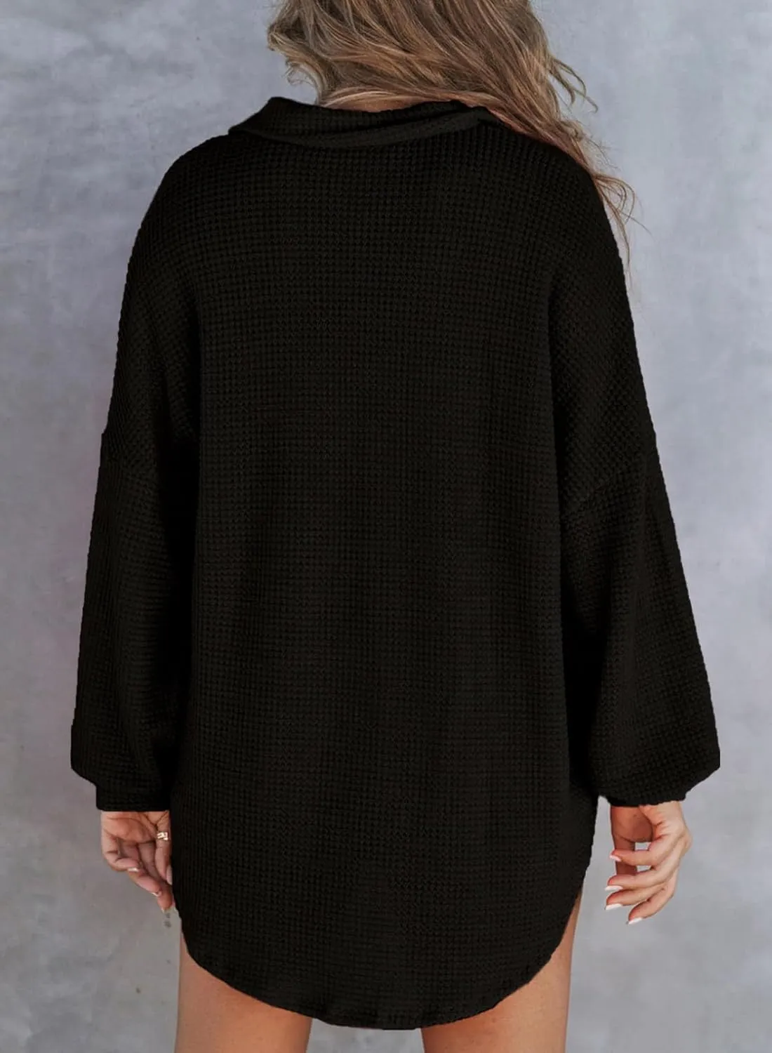 Astylish Women Waffle Knit Tops Henley Shirts Long Sleeve V Neck Solid Color Casual Tunic