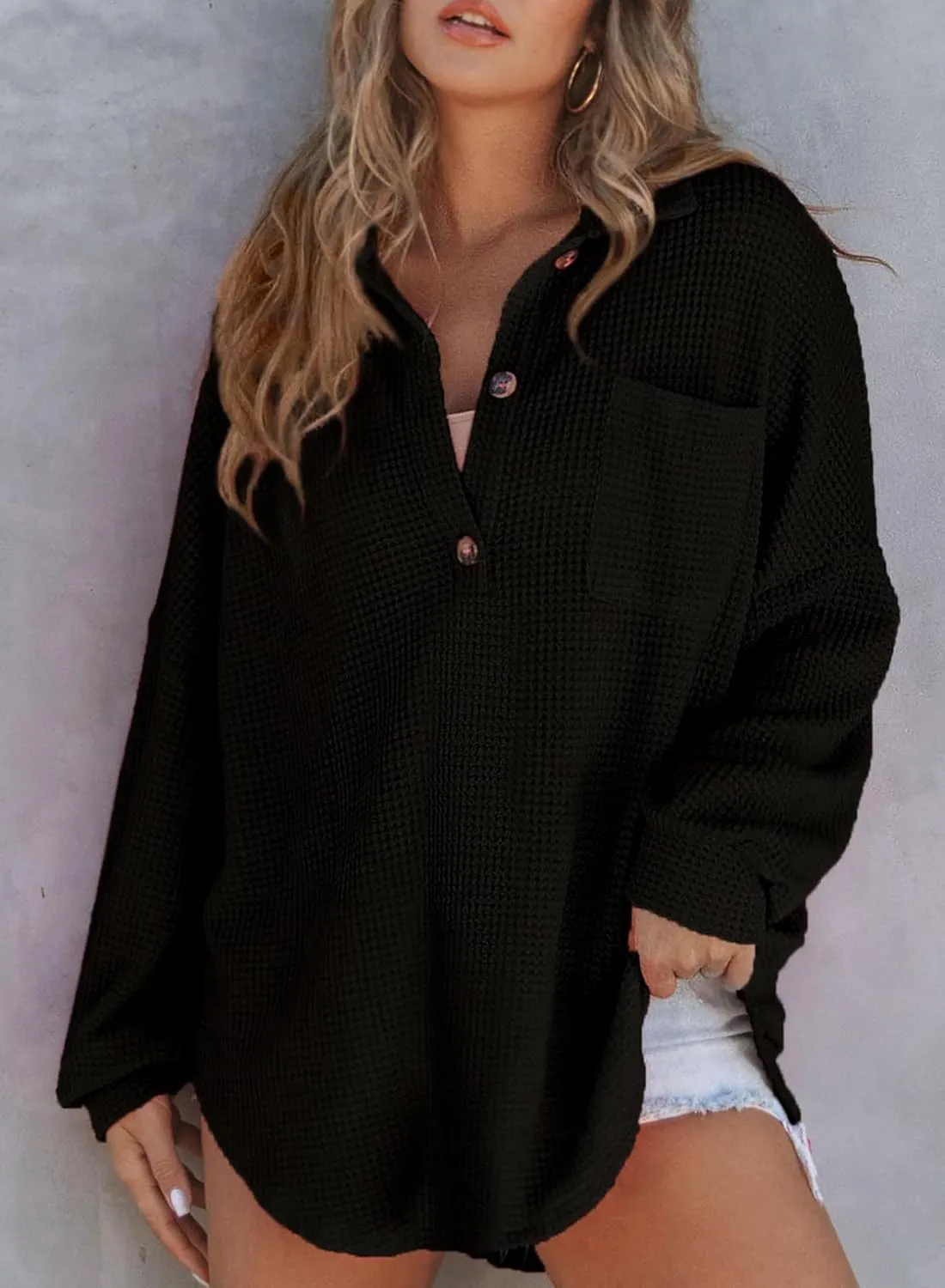 Astylish Women Waffle Knit Tops Henley Shirts Long Sleeve V Neck Solid Color Casual Tunic