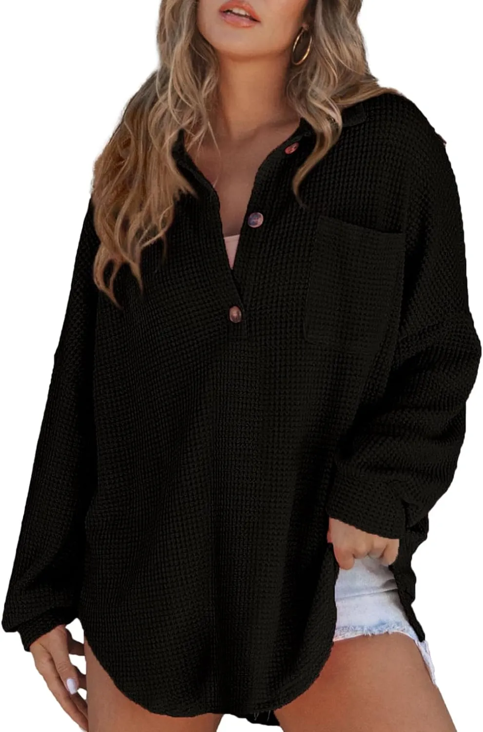 Astylish Women Waffle Knit Tops Henley Shirts Long Sleeve V Neck Solid Color Casual Tunic