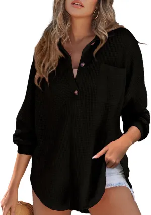 Astylish Women Waffle Knit Tops Henley Shirts Long Sleeve V Neck Solid Color Casual Tunic