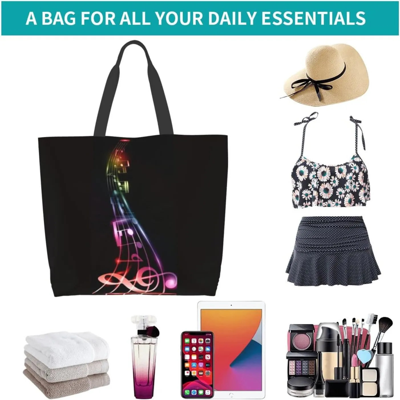 ASYG Music Tote Shoulder Bag Music Notes Bags Storage Handle Shopping Bag Portable Concert Bag