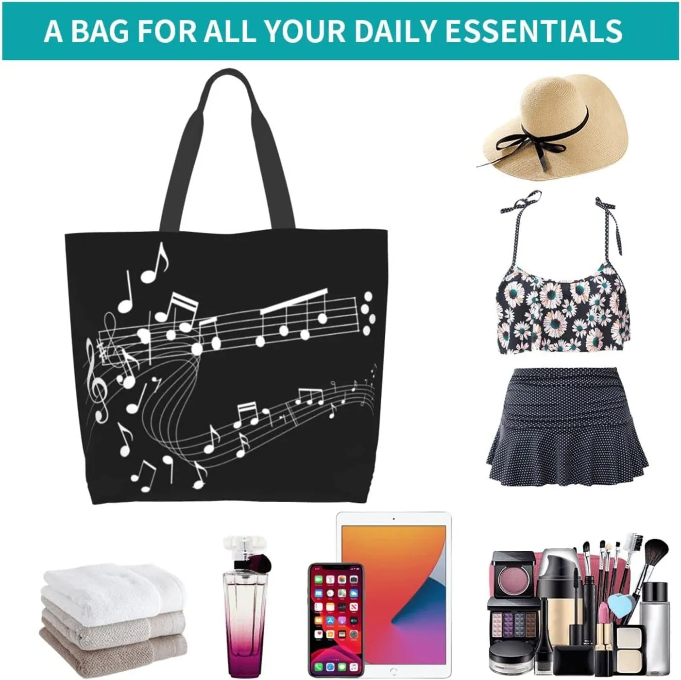 ASYG Music Tote Shoulder Bag Music Notes Bags Storage Handle Shopping Bag Portable Concert Bag