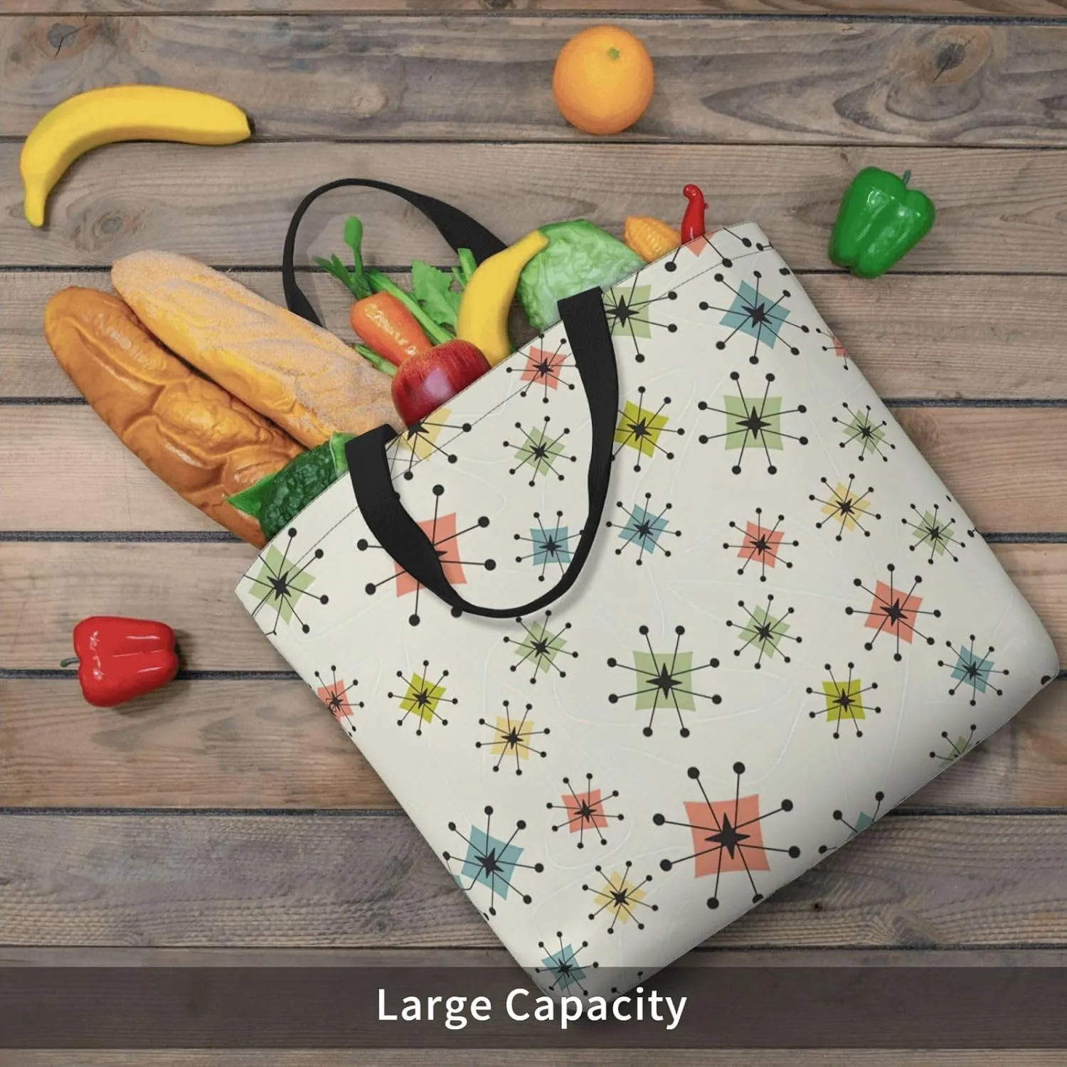 Atomic Stars Pattern Print Tote Bags Reusable Grocery Bag Shoulde Bag Handbag For Office Shopping Travel Women