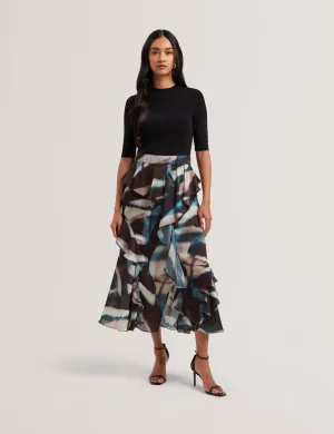 Aurelio Knit Bodice Printed Ruffle Skirt Dress Black