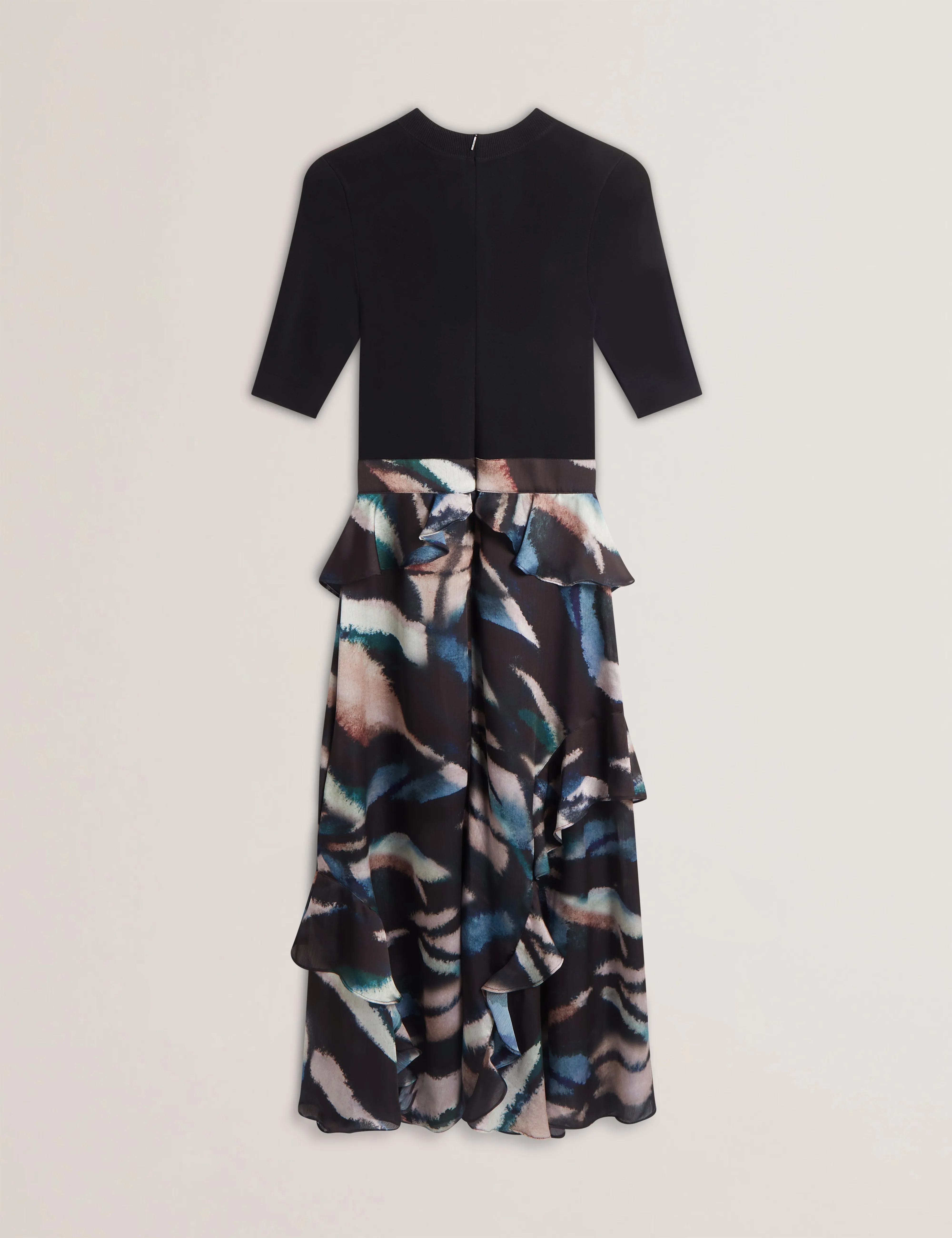 Aurelio Knit Bodice Printed Ruffle Skirt Dress Black